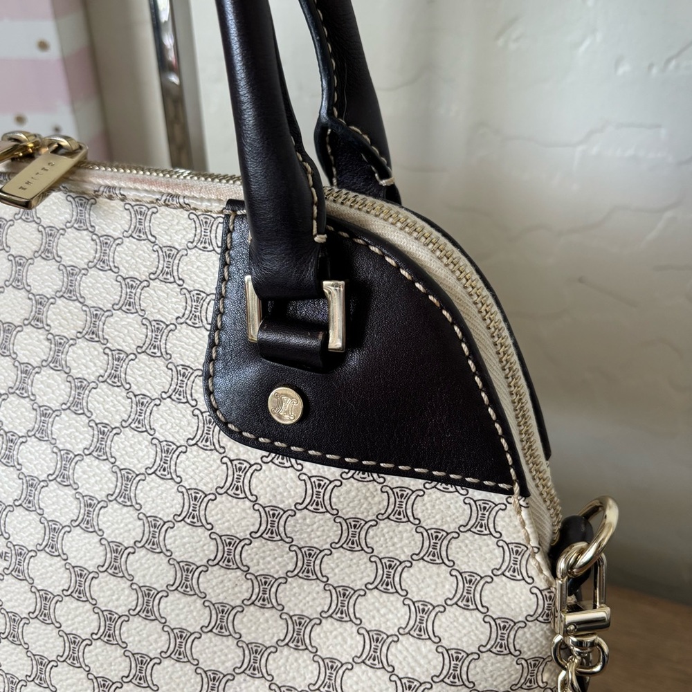 Celine Coated Canvas Macadam Dome Bag Cream and Dark Brown Bag with Gold Accents - Picture 3 of 14